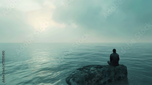A Conceptual image of a solitary man sitting on a rock amidst a vast ocean