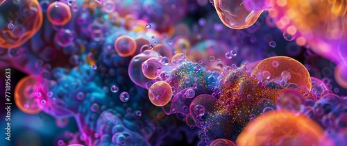 A stunning macro shot depicting colorful, abstract microbial-like structures in a vivid and artistic representation.