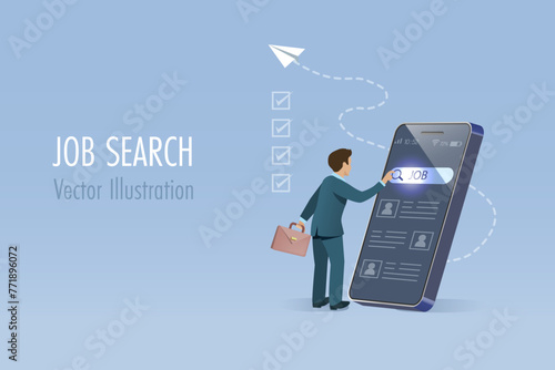 Online job search. Businessman looking for qualified job on smartphone app. Online recruitment, employment and we're hiring concept. Vector.