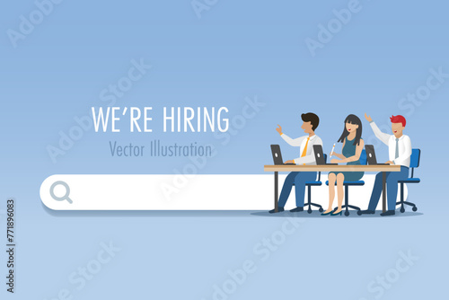 We're hiring, recruitment, headhunting and employment concept. Business team interview with job searching bar for business advertising template and banner. 
