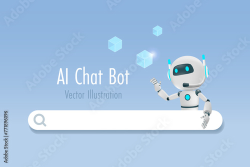 AI chat robot with digital searching bar. AI robotics and chatbot innovation technology provide smart information and solution in research and development. 3D vector.