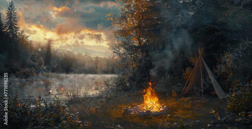 A camping fire is located in the woodlands during fall, in a style that is detailed representation.