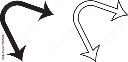 Black double arrow with loop in different directions. Alternate Route line and filled Symbols. Contour image on white. Line circular design for any purposes in eps 10.