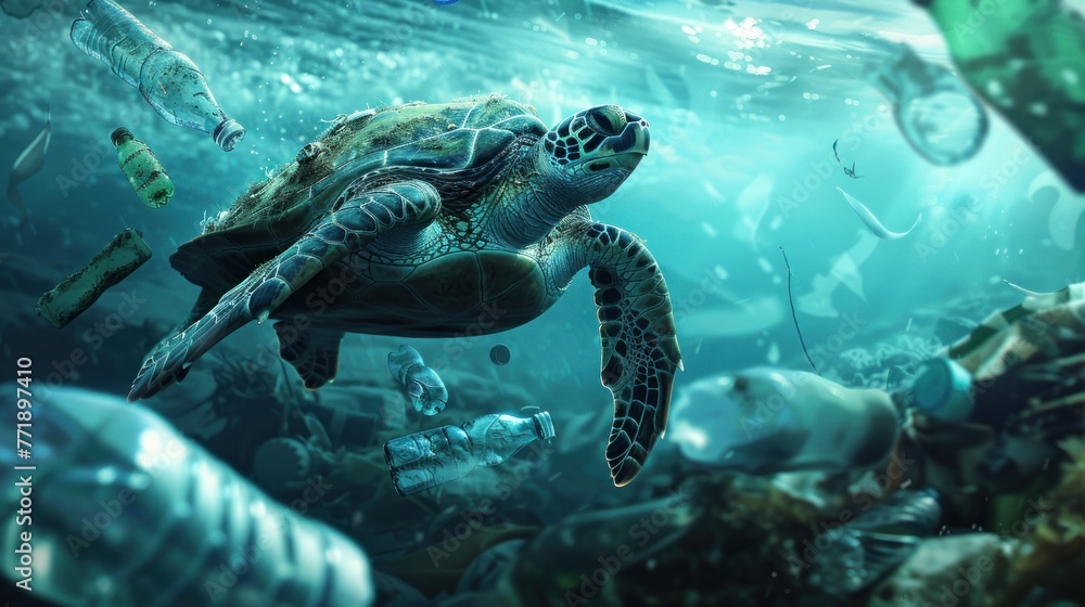 An image of a green sea turtle swimming through clear blue waters, surrounded by colorful coral reefs and a variety of fish The scene captures the essence of underwater marine life, highlighting the t