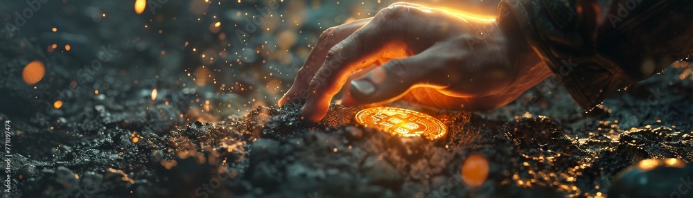 imagine prompt Closeup of Homo Electricus, the Stone Age man, using primitive tools to unearth the first cryptocurrency coin under a starlit sky - obrazy, fototapety, plakaty 