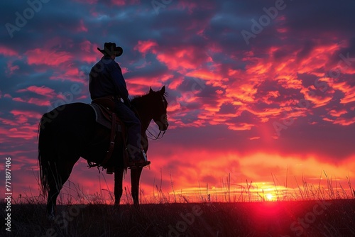 The image portrays a cowboy riding a horse at sunset, with a striking silhouette against a vivid sky The scene unfolds in a western desert landscape, emphasizing themes of nature and the wild The cowb © in