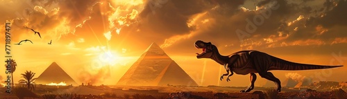 imagine prompt A daring selfie shot with a roaring dinosaur  with the silhouettes of the pyramids under a dramatic sky