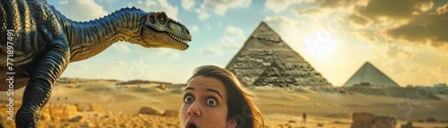 imagine prompt Closeup selfie of a cute girl making a surprised face, a friendly dinosaur photobombing, pyramids softly blurred in the background © Phanuwhat
