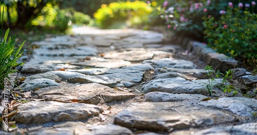 Laying stone path in backyard  close view  bright daylight  wide angle  pathway to tranquility. 