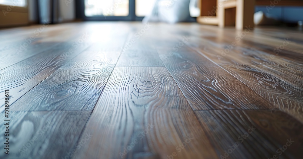Laying a new laminate flooring, close view, bright daylight, wide lens, modern floor makeover. 