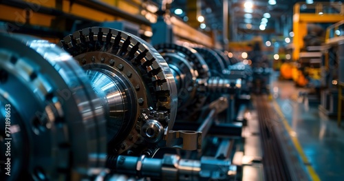 Assembling heavy machinery in plant, close-up, indoor lighting, wide angle, precision engineering. 