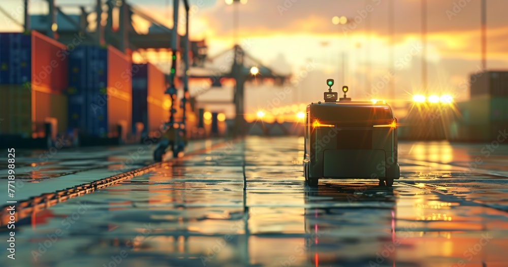 Automated guided vehicle (AGV) on site, close view, early morning, wide lens, logistics automation. Automated guided vehicle (AGV) on site, close view, early morning, wide lens, logistics automation.