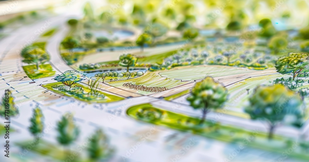 Pencil on paper detailing a landscape design, close view, bright daylight, wide angle, vision of green spaces. Pencil on paper detailing a landscape design, close view, bright daylight, wide angle, vision of green spaces.