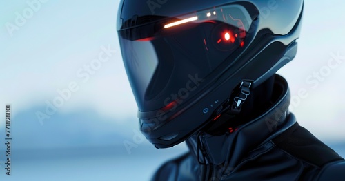 Smart helmet with heads-up display, close-up, soft light, wide lens, next-gen safety gear. 
