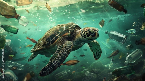 A sea turtle glides gracefully through a vibrant underwater world, surrounded by corals and fish in the blue ocean