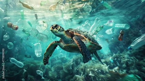 Imagine an image of a green sea turtle gracefully swimming in an aquarium  surrounded by a vibrant underwater world This captivating scene is filled with colorful fish  coral reefs  and the clear  blu