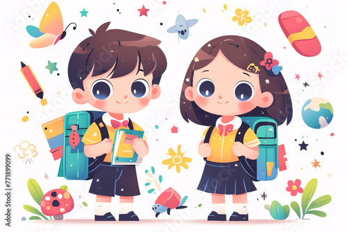 Wallpaper Mural Educational illustration of students carrying backpacks back to school during the beginning of school season, educational learning concept illustration Torontodigital.ca