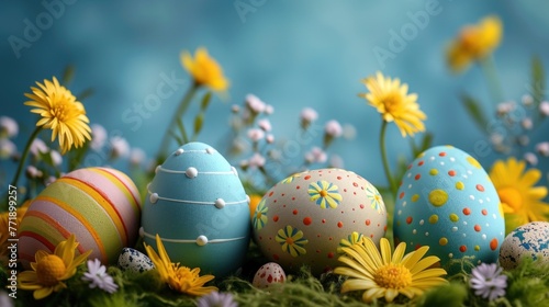  Beautiful postcard with easter decoration and painted colorful easter eggs. Banner