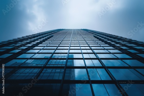 Low angle view of skyscraper with glass windows and blue sky background for business and finance concept. AI Generated
