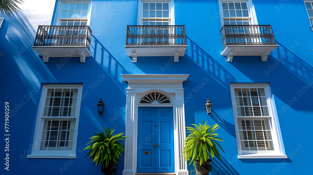 Fototapeta premium Blue tropical house in historic coastal city - inspired by the scenery of. Charleston South Carolina 