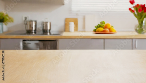 Empty wooden table top on blur white kitchen room background. Mockup banner for display of advertise product, Background of food photo posting.