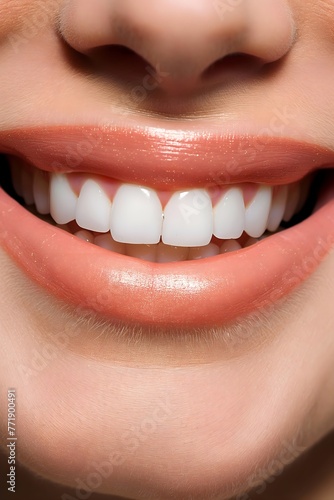 Close up of a happy woman's mouth with healthy teeth isolated on a white background