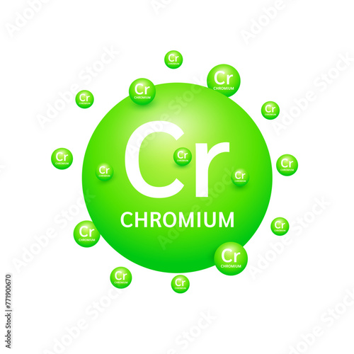Green chromium minerals on white background. Natural nutrients and vitamins essential by the body to help repair damaged organs. For advertising medical supplements design. 3D Vector EPS10.