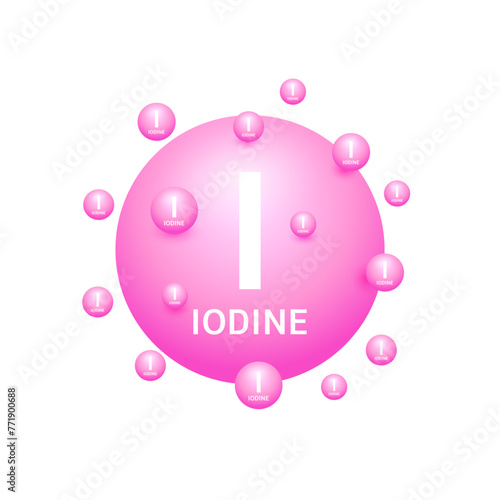 Pink iodine minerals on white background. Natural nutrients and vitamins essential by the body to help repair damaged organs. For advertising medical supplements design. 3D Vector EPS10.