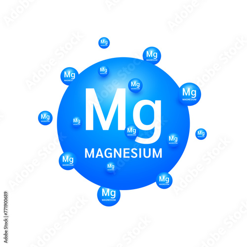 Blue magnesium minerals on white background. Natural nutrients and vitamins essential by the body to help repair damaged organs. For advertising medical supplements design. 3D Vector EPS10.