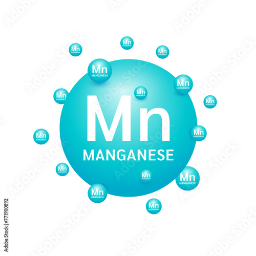Green manganese minerals on white background. Natural nutrients and vitamins essential by the body to help repair damaged organs. For advertising medical supplements design. 3D Vector EPS10.