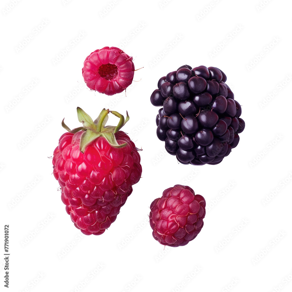 A strawberry, raspberry, and blackberry seedless fruits on a transparent background A strawberry, raspberry, and blackberry seedless fruits on a transparent background