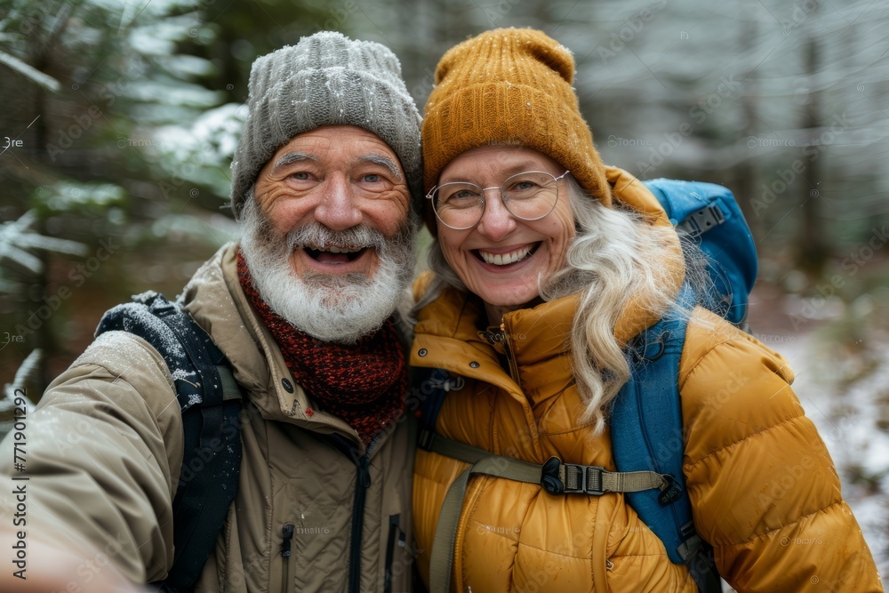 Wonderful sincere and cheerful pair of white-haired mature smiling people selfie on their mobile phones. Enjoy life. Pay attention to the health of the elderly
