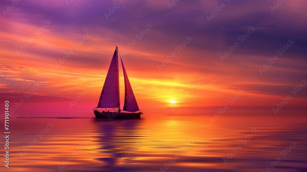 Sailboat Against Vivid Sunset on Calm Ocean