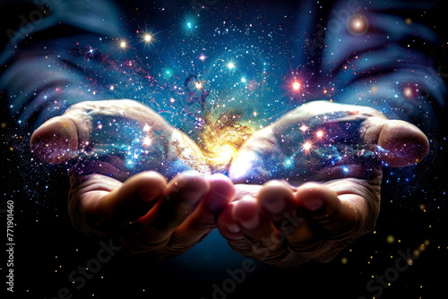 The universe in the palms of your hands, light and power of celestial creation, creation and wonder of the imagination
