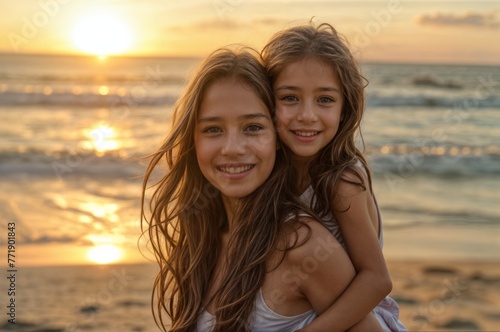 Portrait of two little girls at sunset on the beach. Happy childhood.