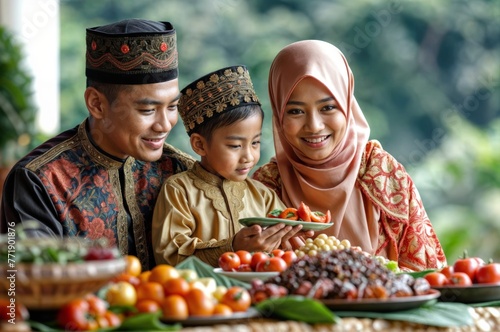 muslim family eating healthy food in the garden, healthy food concept