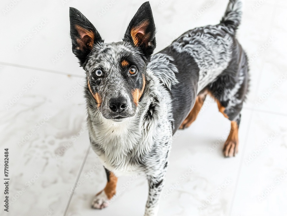 full body Australian Cattle Dog Heeler dog standing on white granite marble floor, looking straight in the eyes, center full body Australian Cattle Dog Heeler dog standing on white granite marble floor, looking straight in the eyes, center