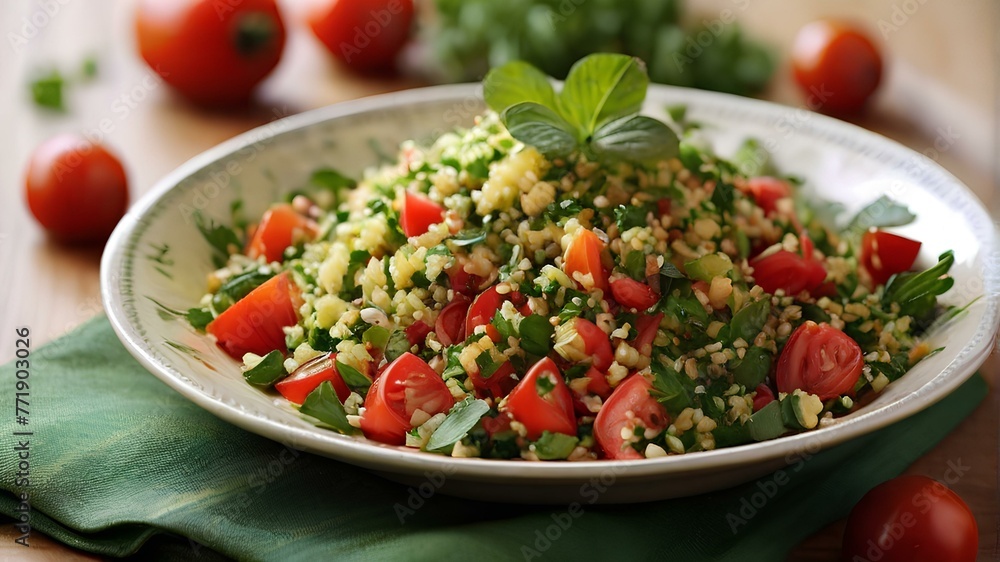 salad featuring finely chopped parsley, tomatoes, mint, and bulgur, enhanced with lemon juice and olive oil salad featuring finely chopped parsley, tomatoes, mint, and bulgur, enhanced with lemon juice and olive oil