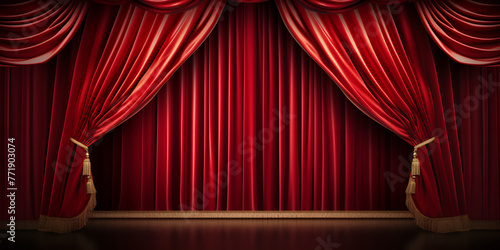 Beautiful curtain on the stage , A theater stage with a curtain background, A stage with a red curtain and a spotlight