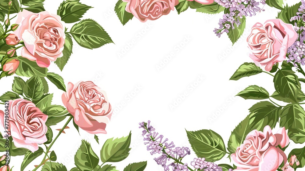 Corner background with pink rose flowers, lilac flowers, and green leaves. Vector floral border. Hand-drawn illustration ,Generative ai, 