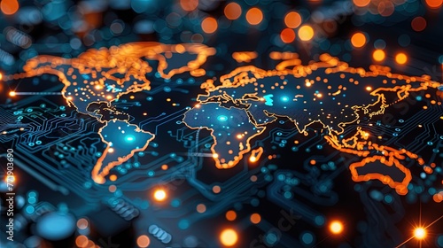 The illuminated digital map of the world is engraved on a dark printed circuit board. Innovative PC. Generative AI