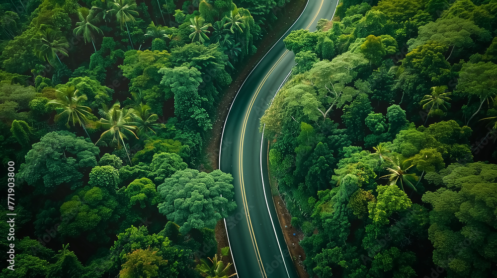 Aerial top view beautiful curve road on green forest in the rain