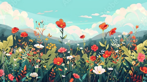 Panoramic view bouquet of roses, spring blossom. Horizontal border branches pink, white flowers, buds, green leaves, white background. Digital draw illustration in watercolor style, ,Generative ai,  © curek