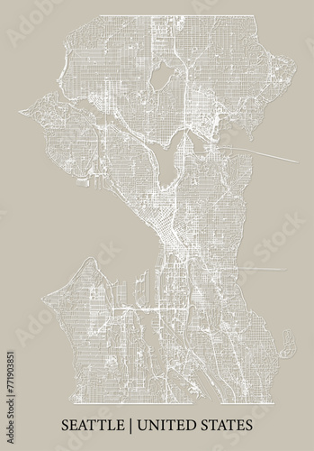 Seattle (Washington, United States) street map outline for poster, paper cutting.
