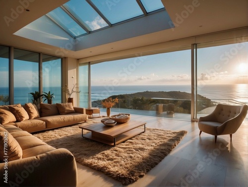 A living room with a large window overlooking the ocean. Generative AI.