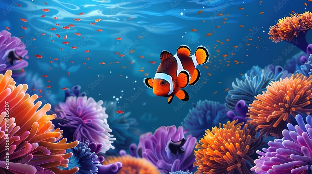 Cute anemone fish playing on the coral reef, beautiful color clownfish on coral reefs, anemones on tropical coral reefs ,Generative ai, Cute anemone fish playing on the coral reef, beautiful color clownfish on coral reefs, anemones on tropical coral reefs ,Generative ai,