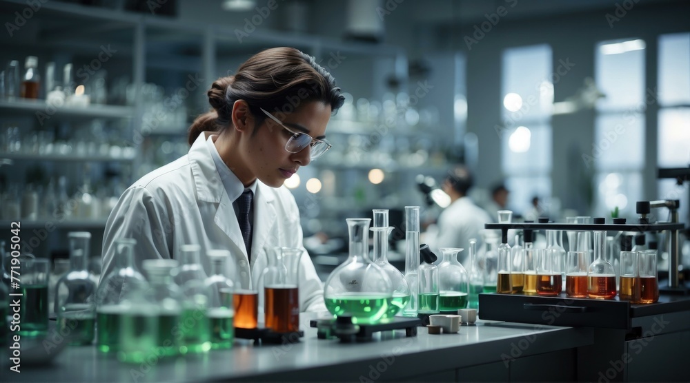 A woman in lab coat working on a beaker of liquid. Generative AI. A woman in lab coat working on a beaker of liquid. Generative AI.