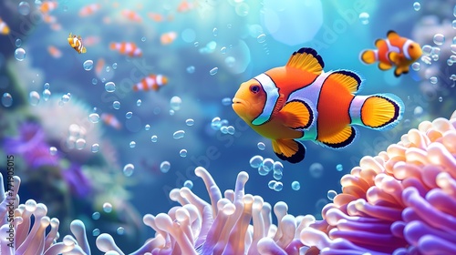 Cute anemone fish playing on the coral reef, beautiful color clownfish on coral reefs, anemones on tropical coral reefs ,Generative ai, 