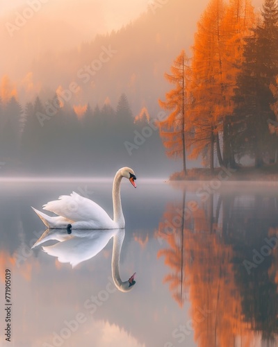 A swan is floating on a lake surrounded by trees. Generative AI.