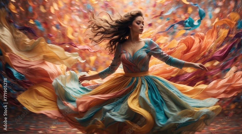 A woman in a colorful dress is dancing with her arms out. Generative AI.